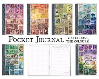 Postage Stamp Journal, Pocket Travel Notebook, Undated Diary | Custom Color Stamp Art, Eco Friendly Collage | Dot grid notes & free journal
