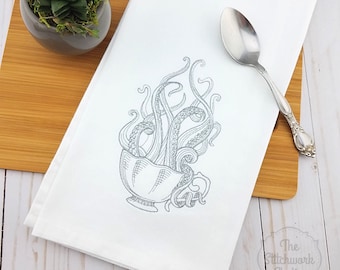 Octopus Tea Kitchen Towel - Embroidered Tea Towel - Nautical - Cotton