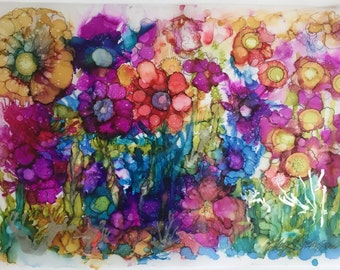 ON SALE! Blooming - an Original Alcohol Ink Painting of an Abstract Flower Garden on Vellum Paper
