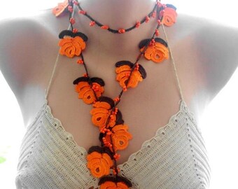 crochet necklace, orange crochet necklace, crochet jewelry, flower necklace, beaded necklace, gift for her
