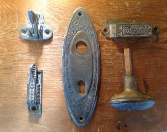 Lot of Antique Victorian Door Knob w/Backplate, and Various Hardware