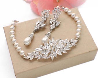 Pearl jewelry set, bracelet earring set, Swarovski pearl, cubic zirconia, pearl bracelet, pearl drop earrings, wedding bracelet and earrings