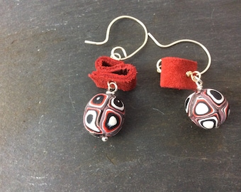 Mixed media earrings - red, black and white dangle earrings- hook earrings - Polymer clay earrings