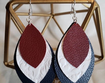 Red, white, and blue leather earrings, Memorial day, 4th ot July, lightweight, layered
