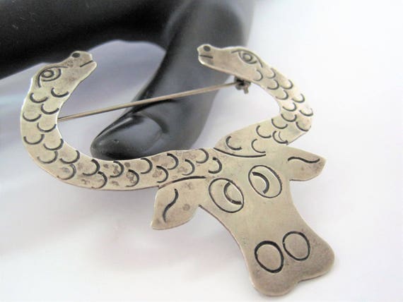 Sterling Cow Brooch, Snake Horns, Mexico Sterling, Signed Pin