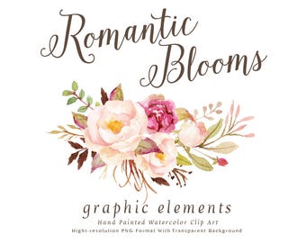 Watercolor floral Clip Art-Romantic Blooms Graphic Elements/Individual PNG files/Hand Painted/Wedding design/Rustic