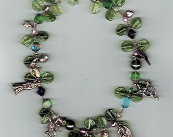 16" CHOKER Boho Fairy Glass beads and Sterling Silver Charms