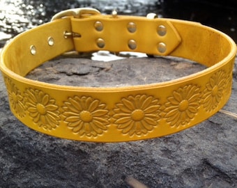 Cool Custom Daisy Leather dog collar 1.25" yellow with gold metallic embossing