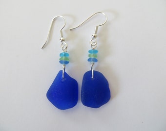 Cobalt blue sea glass beach glass earrings sterling silver