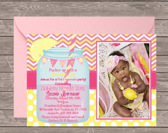 Pink lemonade Birthday Invitation Printable | Lemonade stand photo | Pucker Up for a pink lemonade | Chevron Mason Jar | Pink Lemonade Party