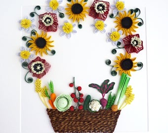 Quilled Paper Art/Quilled Basket with Flowers/Quilled Vegetables/Paper Wall Hanging