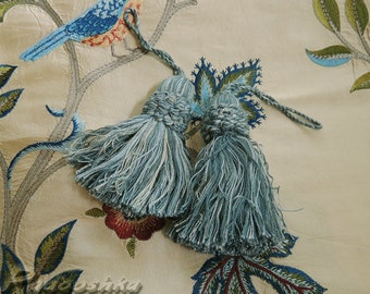 Blue cotton key tassels Upholstery trimming Multicolor tassels Pillow embellishment Pair of rustic tassels for furniture Vintage home decor