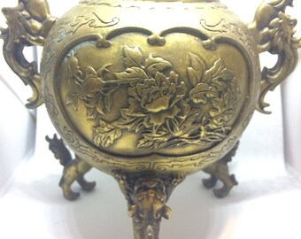 Vintage Ornate Brass Incense Burner Chinese Foo Dog