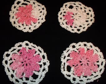 Four Crocheted Flower Coasters -100% Handmade Light Pink,Pink and White