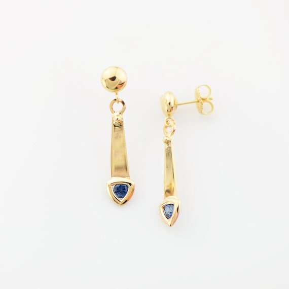 Blue Sapphire 14K Gold Earring Sapphire Trillion Cut Dangle