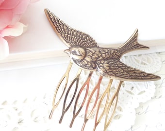 Ox Brass Flying Sparrow Hair Comb - Swallow Hair Comb - Flying Bird Hair Comb - Woodland Hair - Wedding Hair Comb - Ox Brass Bird Comb
