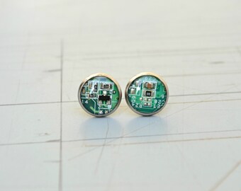 Geeky Computer Earrings, Modern Funky jewelry, Geometric Green Circuit Board Post Stud Earrings
