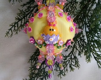 Spring Chicken beaded satin ornament