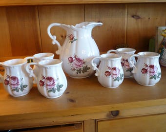 Lemonade or Iced Tea Pitcher w/ 6 Mugs. White Pitcher and Mugs w/ Rose Stems. Summer Garden Party