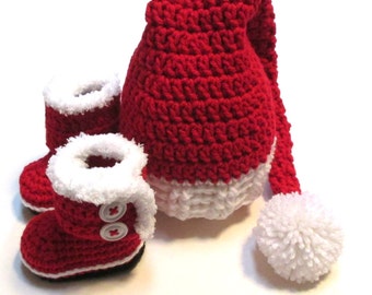 Deluxe Santa hat and Santa boots. Crochet Christmas hat and booties set for infant and baby. Made to order Christmas hat set.