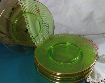 Set of 6 Green w/ Gold Trim Spiral Luncheon Plates by Hocking Glass 1928-30