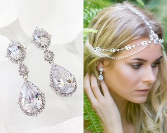 White Gold Earrings Wedding Jewelry Teardrops Earrings Bridal Accessories Bridal Sets Drop Earrings Crystal Earrings Silver Earrings E318-S