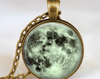 Mint green moon necklace, full moon necklace, moon pendant, lunar pendant, moon jewelry , space pendant
