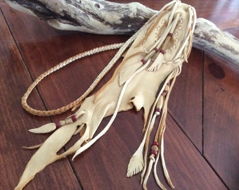 Amulet Bag, Handmade OOAK Leather Medicine Pouch Braid Necklace, Unique Medicine Bag, Leather Feathers and Beads, Made in Canada