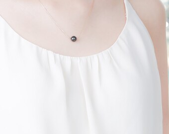 Charcoal Gold Pearl Necklace - Single Pearl Necklace - Swarovski pearl - Gold bridesmaid jewelry - Bridesmaid Gift - Floating Pearl Necklace