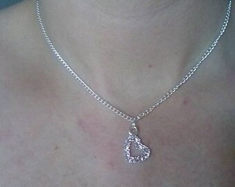 Pink rhinestone heart pendant 16 inch curb chain necklace