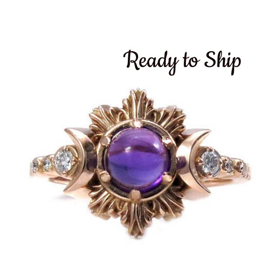 Ready to Ship Size 6-8 Amethyst Moon Fire Engagement Ring - Rose Gold and Diamond Moon Phase Jewelry