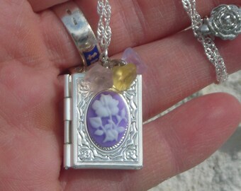 Adorable Gift for Her!! Exquisite Silver p. book LOCKET Hibiscus CAMEO cab-pastel morning glory beads w. S.P. chain & Rose clasp