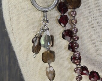 Garnet Pearl smokey quartz labradorite boho hand knotted long layered necklace, charm necklace antique silver wrap bracelet