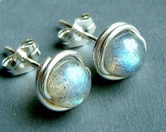 Labradorite Studs Labradorite Earrings 6mm Wire Wrapped in Sterling Silver Stud Earrings Labradorite Post Earrings