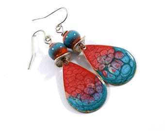 Red and Turquoise Handmade Earrings, Enameled Earrings, Antique Silver Earrings, Teardrop Earrings, Artisan Earrings, Silver, OOAK, AE168