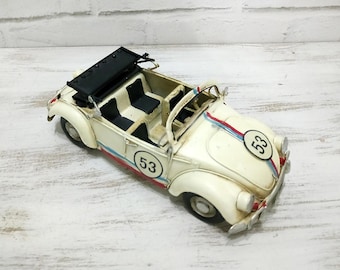 VW Beetle -White Drophead Herbie Vintage Design Tin Vosvos -Herbie Volkswagen Bug - Hippie Vintage Design