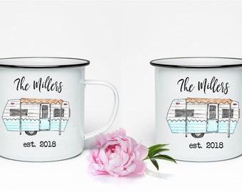 Camping mug, tin cup, enamel mug, camping, outdoors, retro camper, anniversary gift, wedding gift, mr and mrs, mug set, couples gift, est,