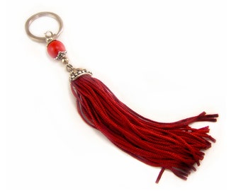 Red Tassel Keychain Keyring, Red Wood Beads, Boho Keychain, Tassel Accessories, Bohemian Keychain, Fringe Keychain