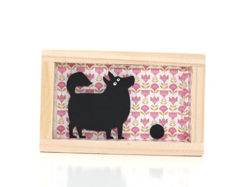 framed dog art, paper art, shadowbox, silhouette, funny dog shadow box, diorama, miniature, funny black dog,
