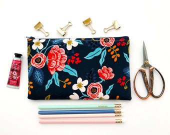 Rifle Paper Co Fabric Zipper Pouch, Pencil Case, Les Fleurs Floral Pencil Pouch, Navy Cosmetic Bag, Bridesmaid Gift, Essential Oils Pouch