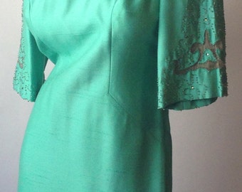 60s Vintage Teal Mod Dress with Beaded Sleeves