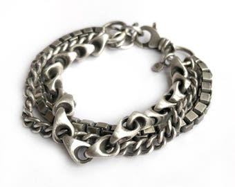 Sterling Silver Triple Vintage Chain Multi Chain Box Chain Curb Chain Bracelet Recycled Silver Heavy Adjustable One of a Kind Swivel Clasp