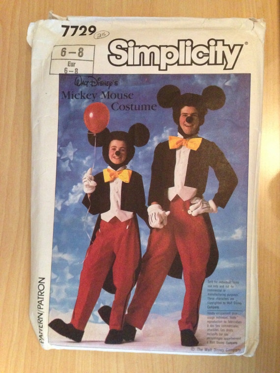 Simplicity 7729 Sewing Pattern 80s Childrens Mickey Mouse Costume Size 6-8