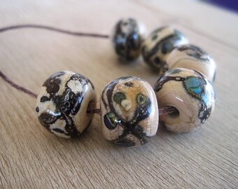 Lampwork Glass 6 Sandstone Silvered Ivory Green Blue Metallic Dots Glass Beads