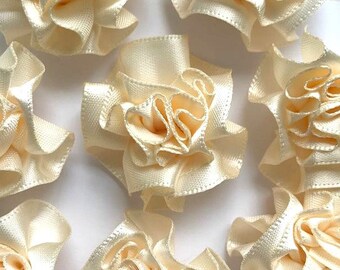 4 Large Ivory Ribbon Ruffle Roses Rosettes Flowers 3.5cm - Card Making Embellishments Craft Sewing