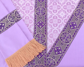 Purple Chasuble & Stole Set. Embellishments: Purple and Metallic Gold Thread Galloon, Traditional Y-Cross, Mauve Brocade feature. Beautiful!
