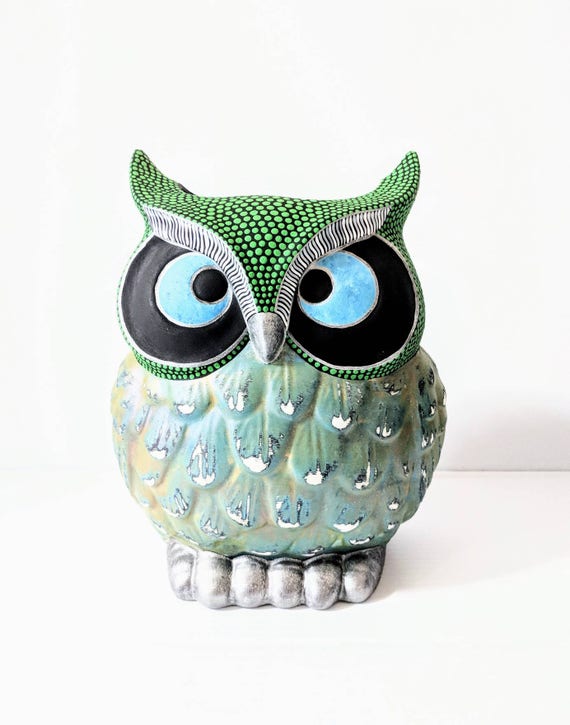 Owl Vase: Hand Painted Owl Vase Ceramic Vase green and owl vase