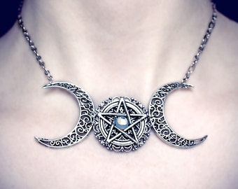 Triple Moon Necklace, wiccan jewelry, triple goddess, pentacle necklace, pentagram necklace, wicca, pagan necklace, occult, talisman, witch