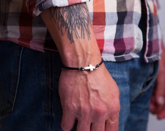 Cross Leather bracelet Easter Gifts Christian Silver Sideways Cross Mens Cross Bracelet Faith Bracelet Christian Jewelry Baptism Gift His