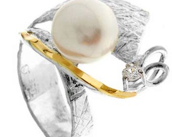 Silver and Gold ring, Pearl + Clear CZ / synth Blue Opal + Clear CZ Ring, Womens silver ring, Unique silver ring, handmade